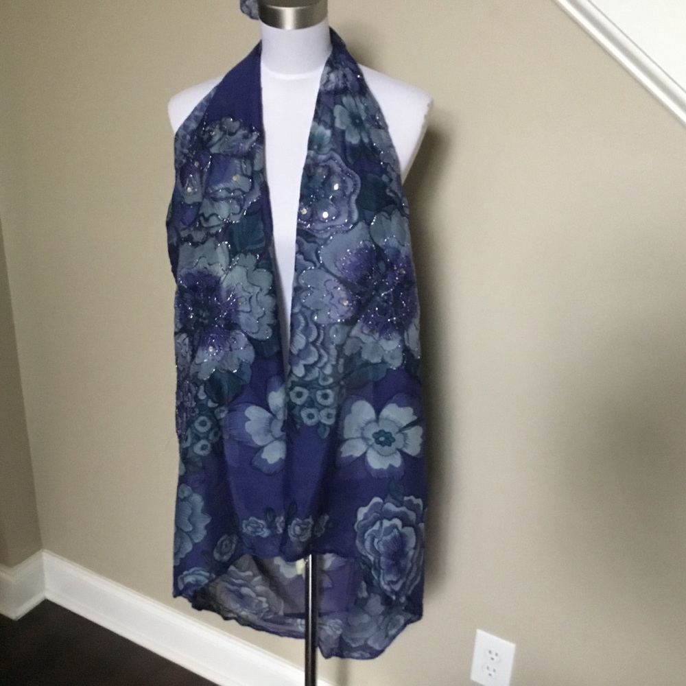 LAFAYETTE blue Floral sequin Oversized wrap Scarf